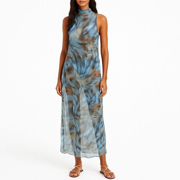 PrettyLittleThing Sheer Mesh Maxi Dress Size 12 Blue Abstract Sleeveless Resort - Picture 1 of 10